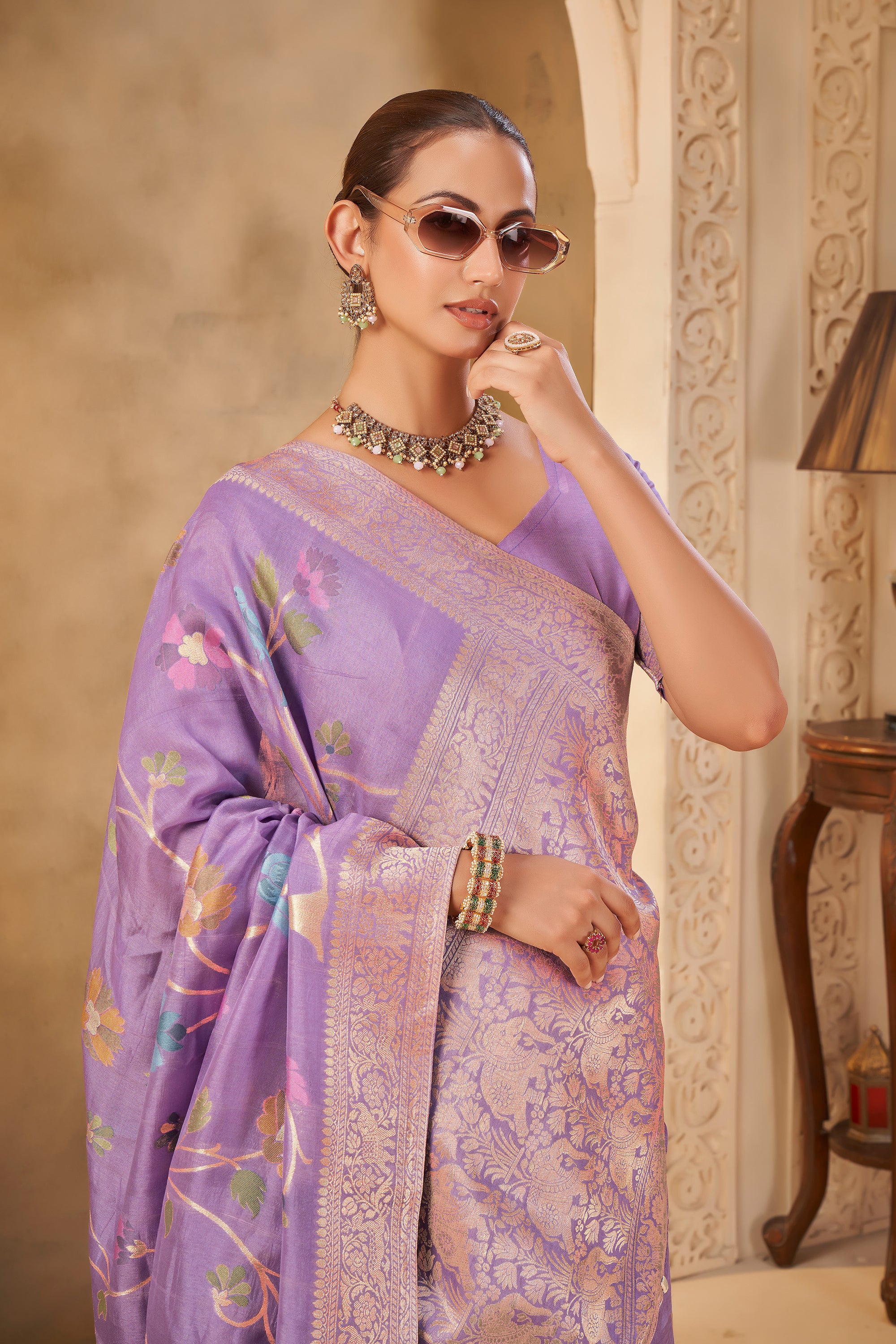 Elegant Purple Saree with Pastel Floral Design – Festive Wear - Krishree