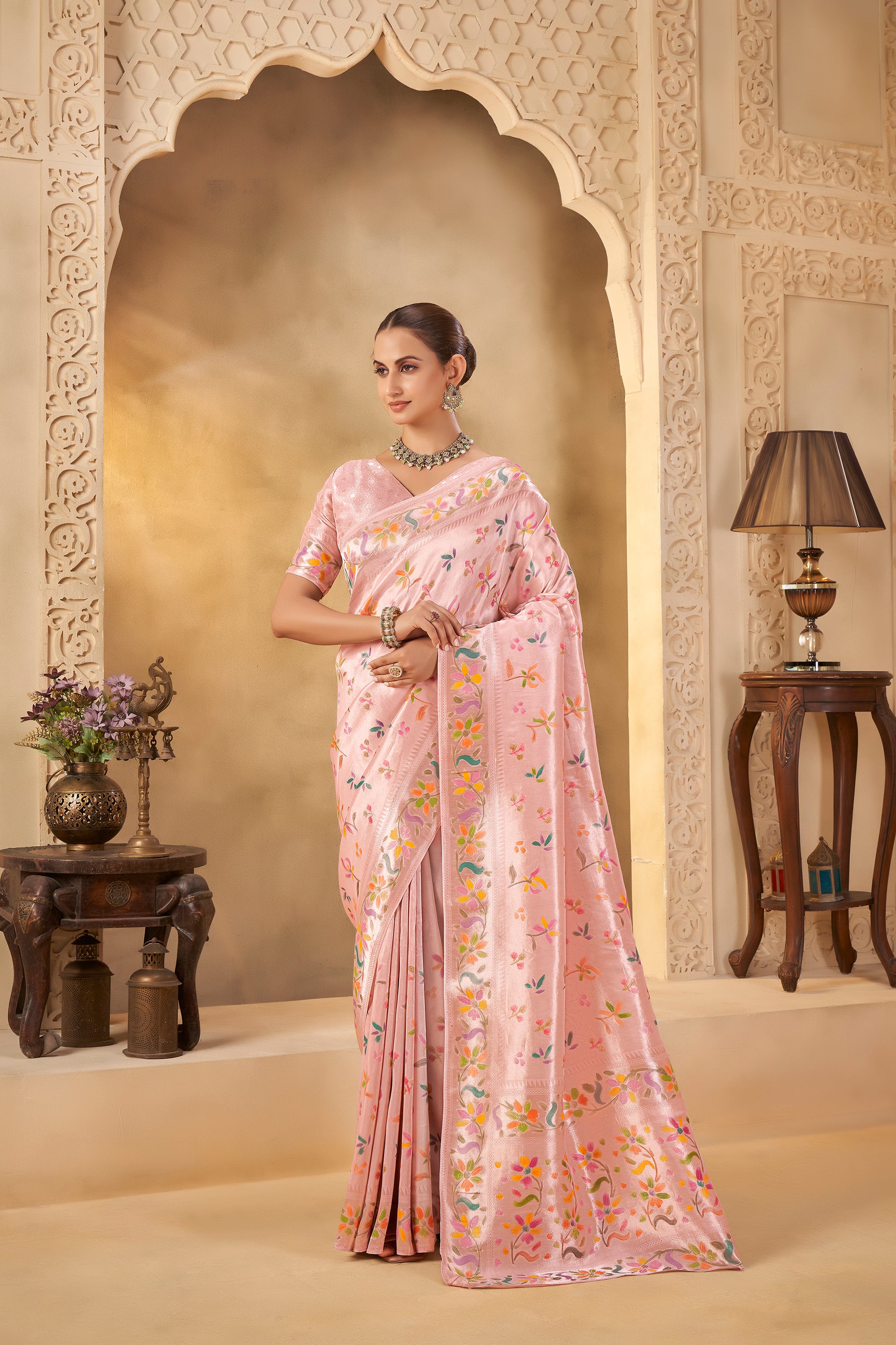 Soft Pink Designer Saree with Delicate Weave and Floral Motifs - Krishree