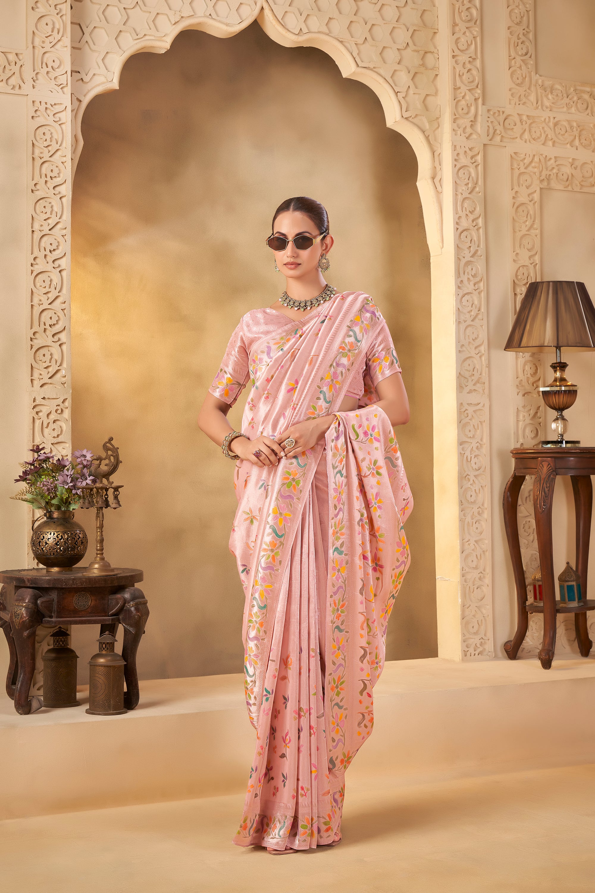 Soft Pink Designer Saree with Delicate Weave and Floral Motifs - Krishree