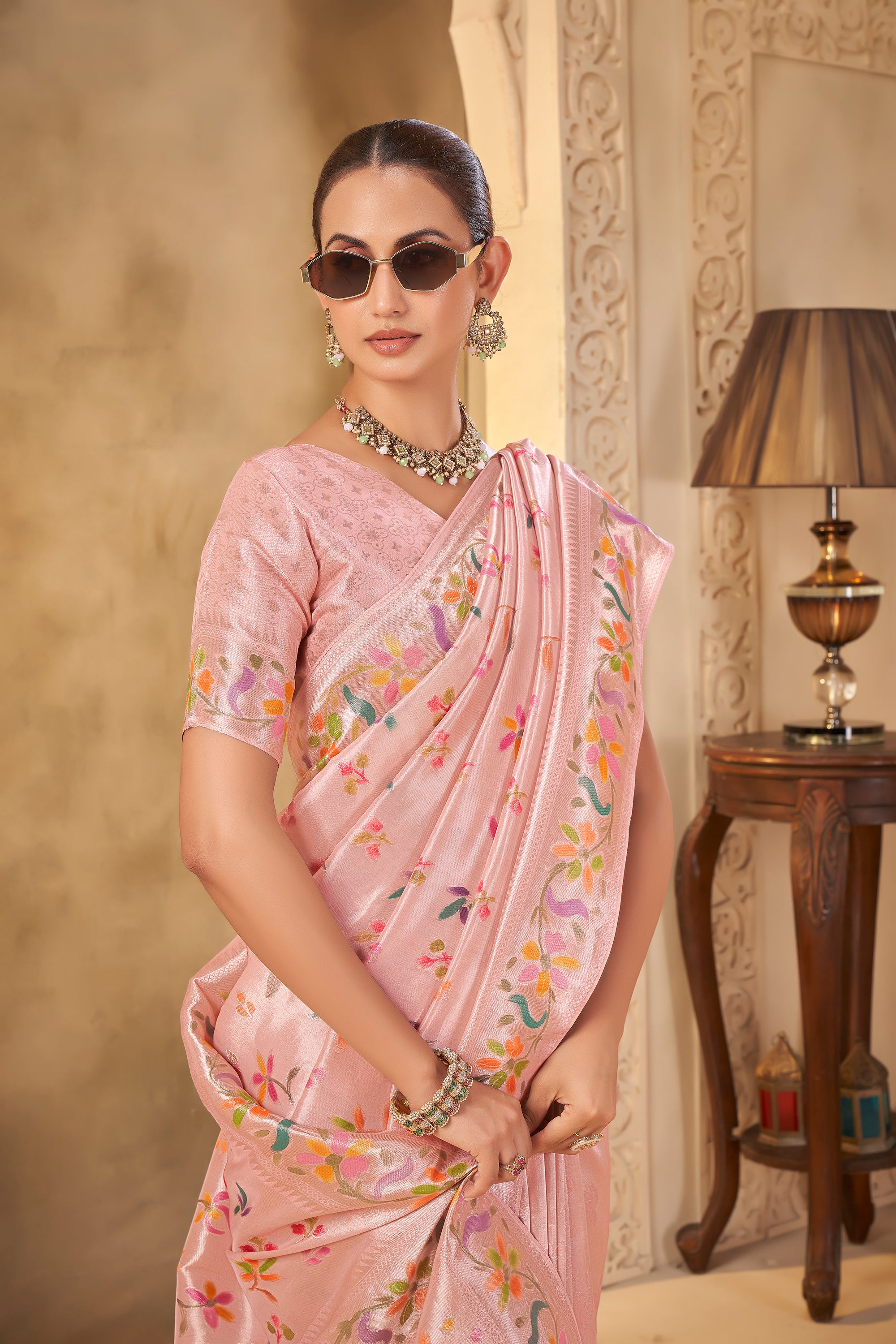 Soft Pink Designer Saree with Delicate Weave and Floral Motifs - Krishree