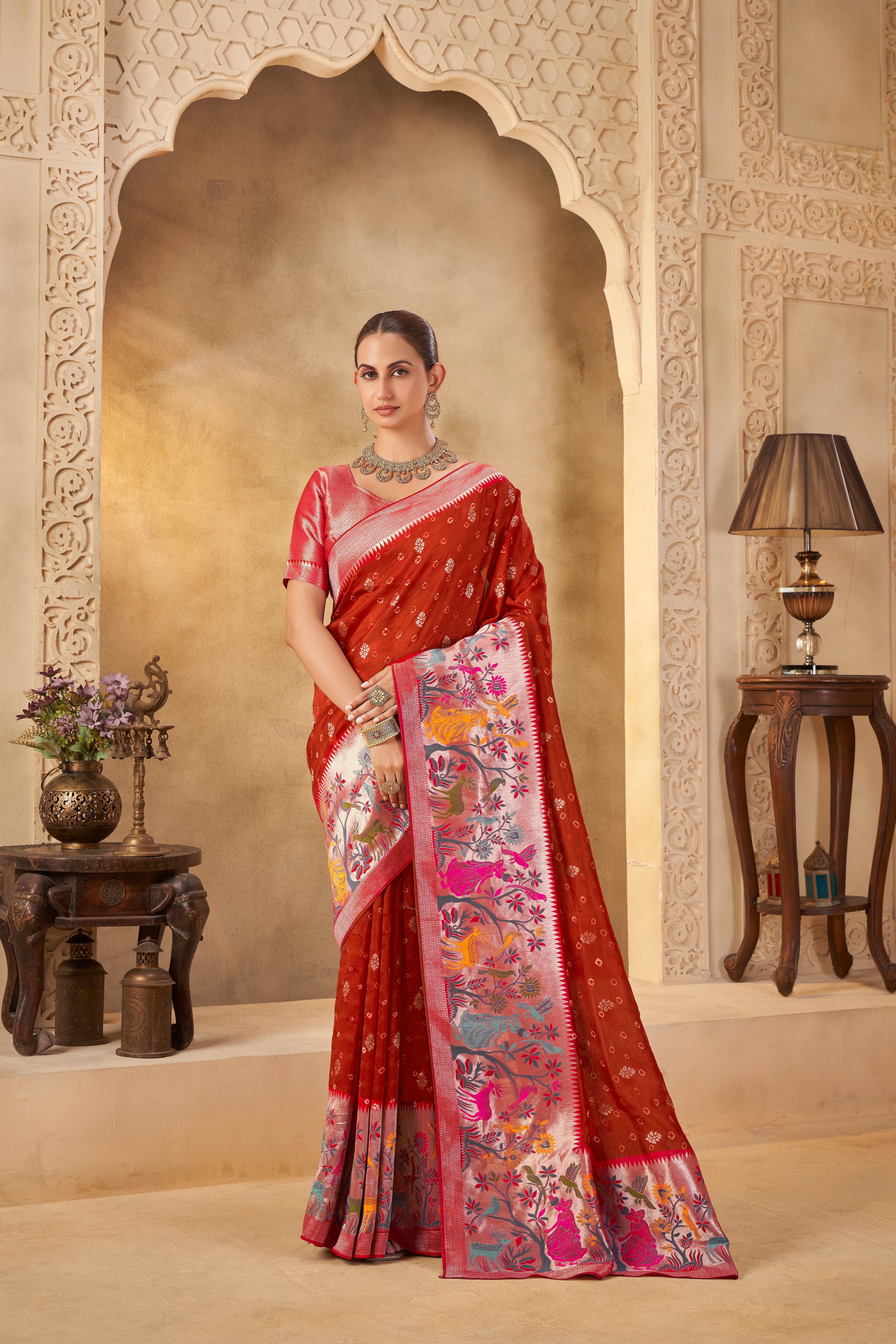 Heritage Red Saree – Vibrant Weaves for Festive Grandeur - Krishree