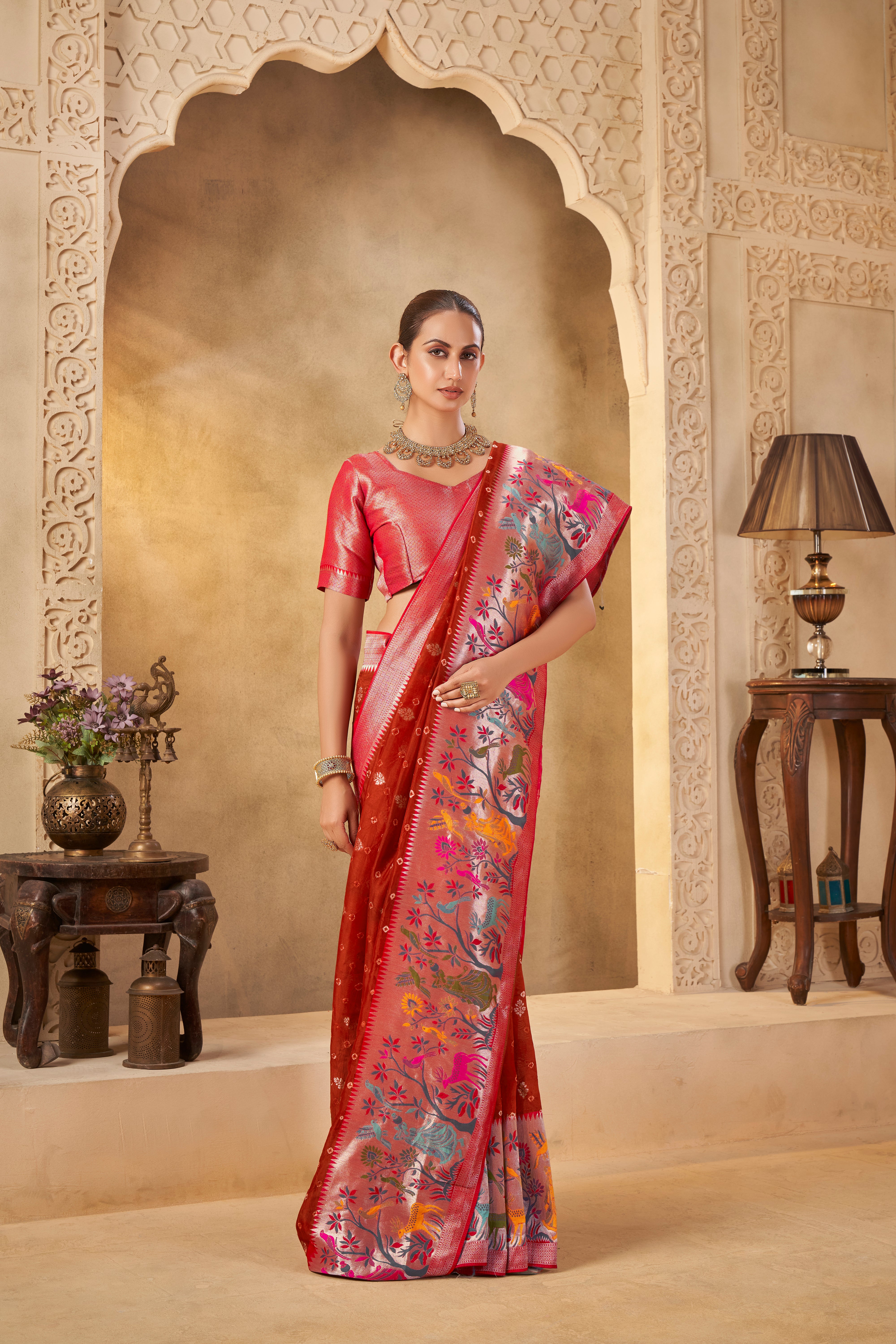Heritage Red Saree – Vibrant Weaves for Festive Grandeur - Krishree