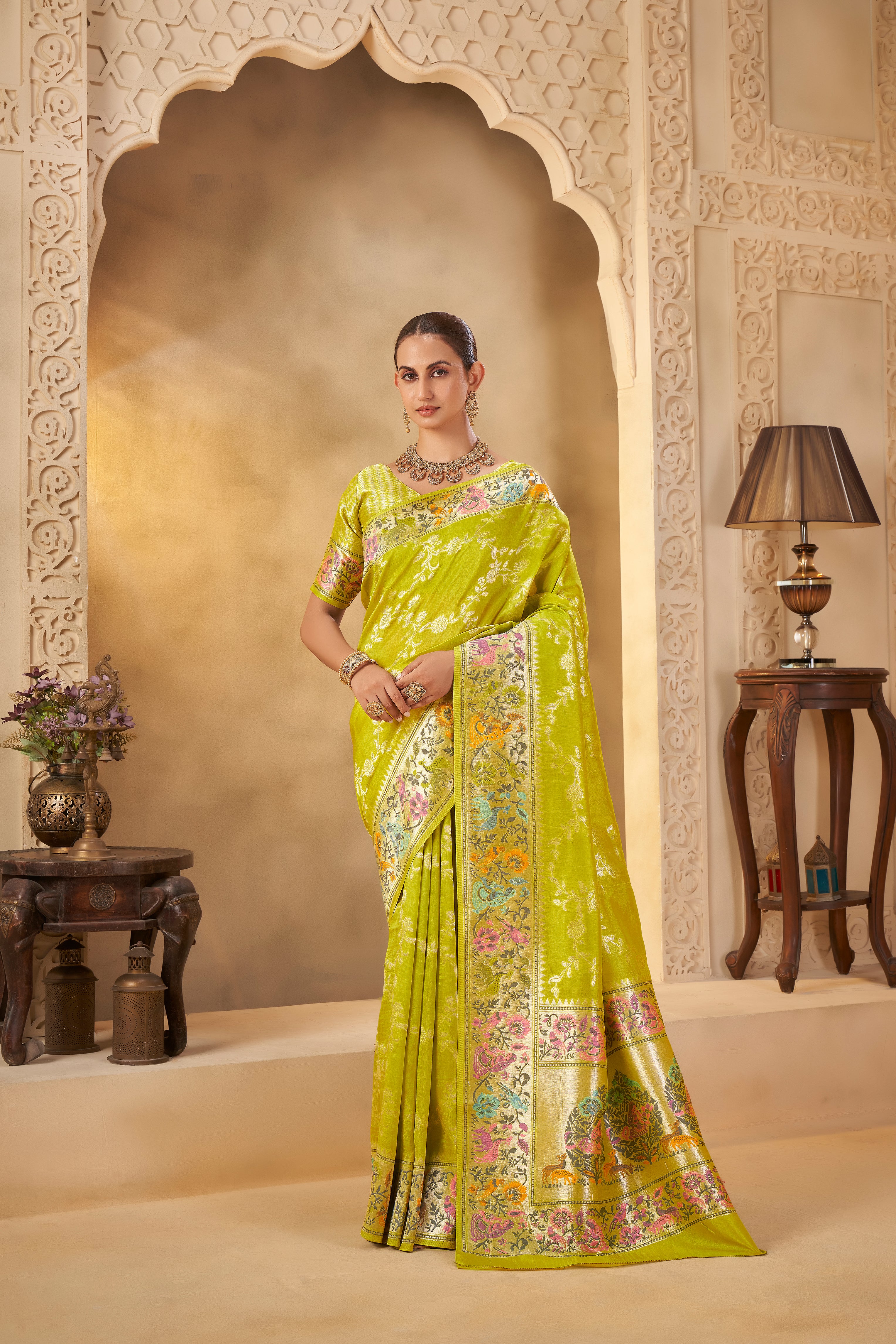 Traditional Lime Green Saree with Floral Pallu for Wedding Functions - Krishree
