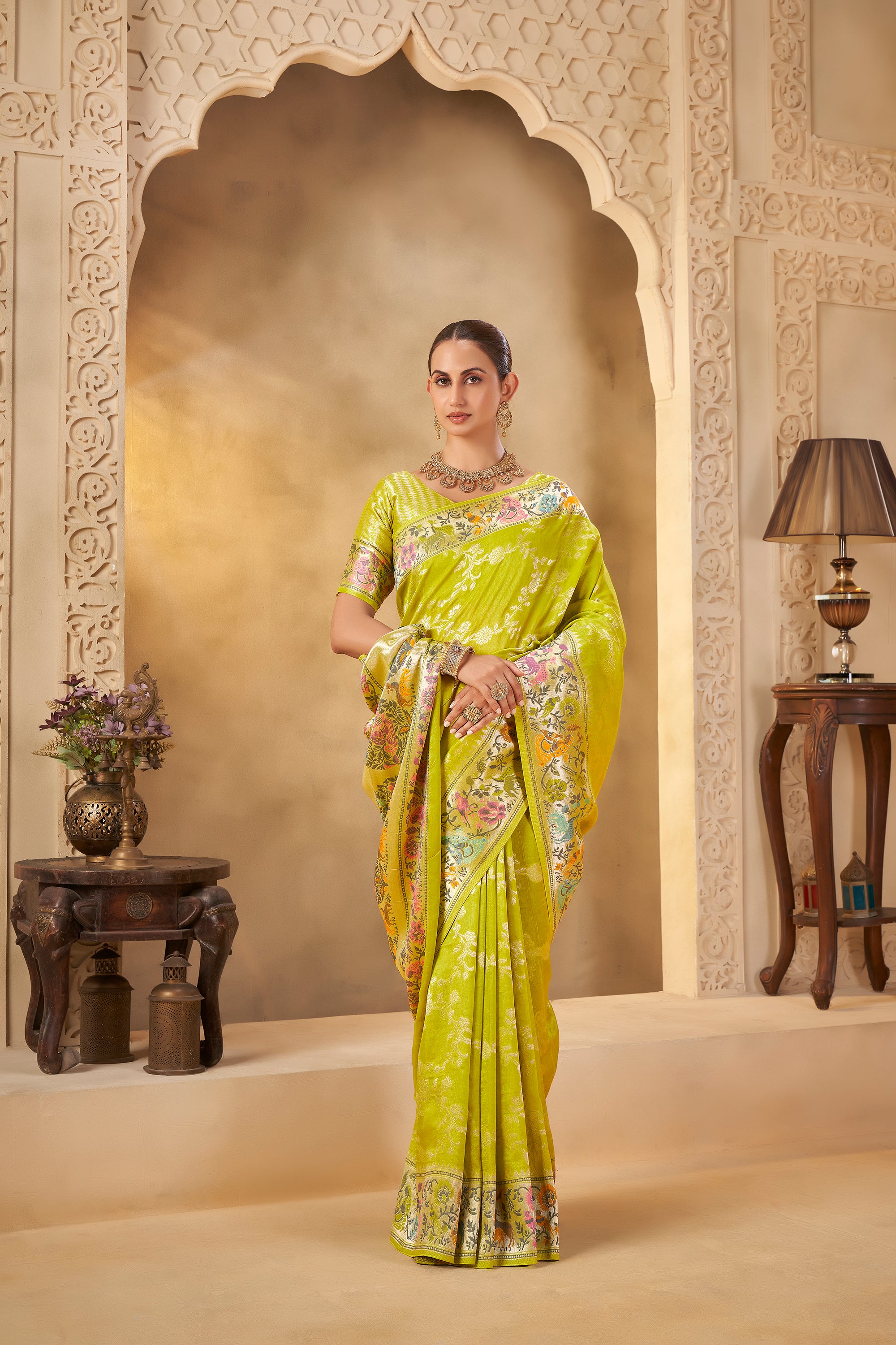 Traditional Lime Green Saree with Floral Pallu for Wedding Functions - Krishree