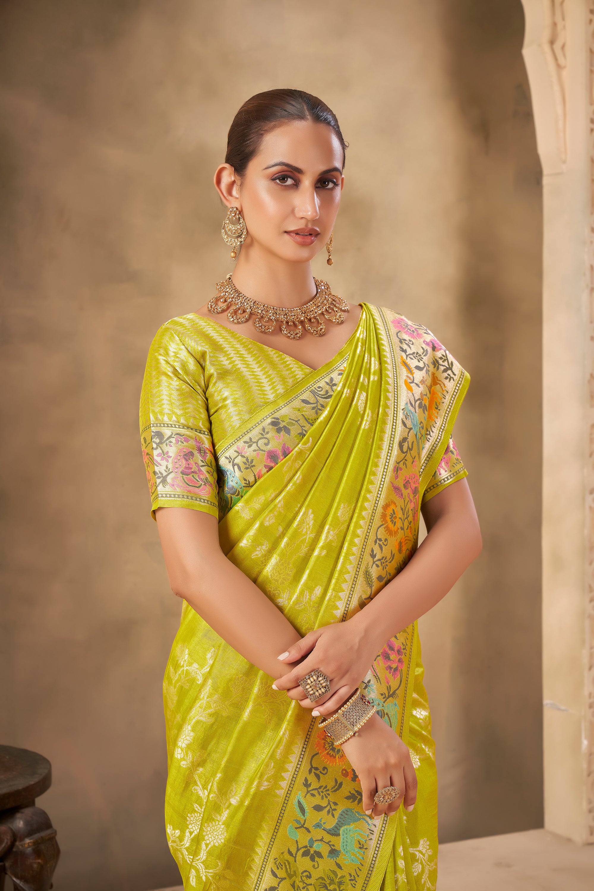 Traditional Lime Green Saree with Floral Pallu for Wedding Functions - Krishree