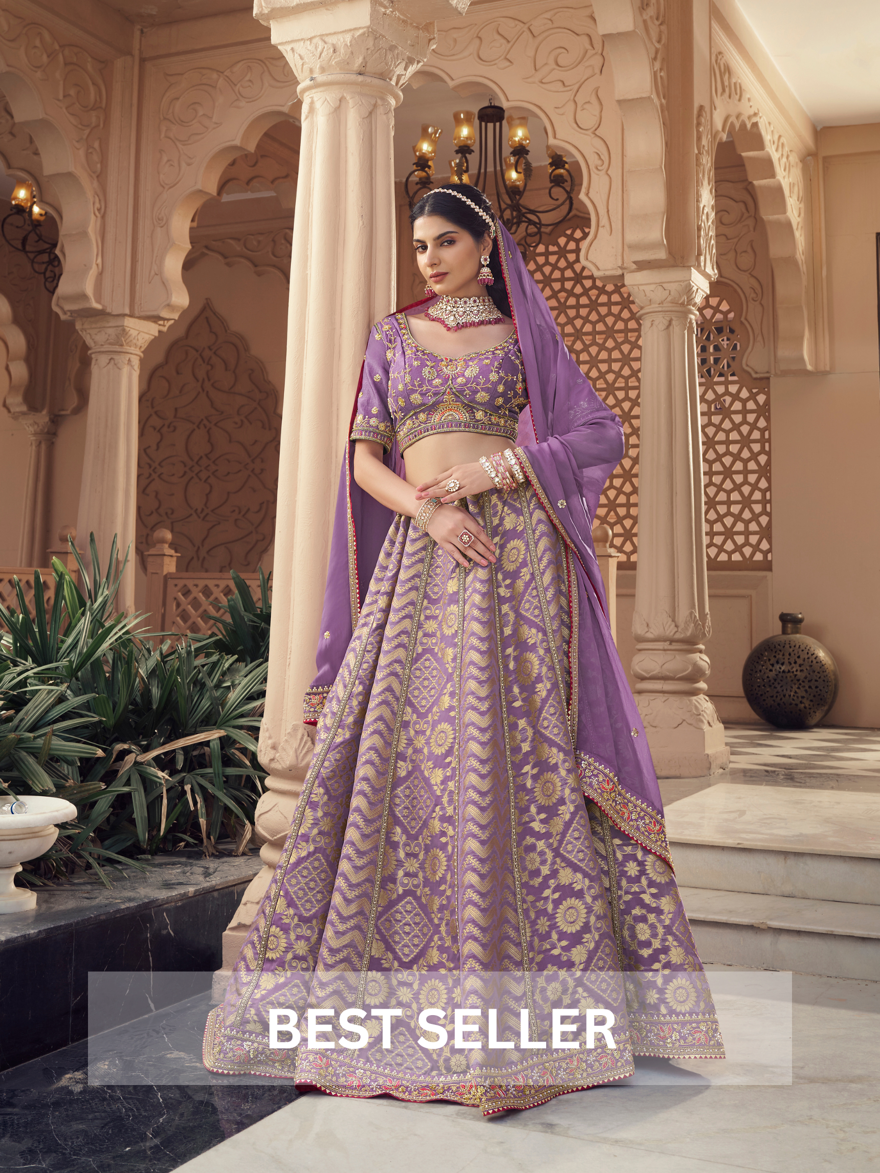 Beige and Pink Tissue Lehenga Set with Dupatta - Krishree