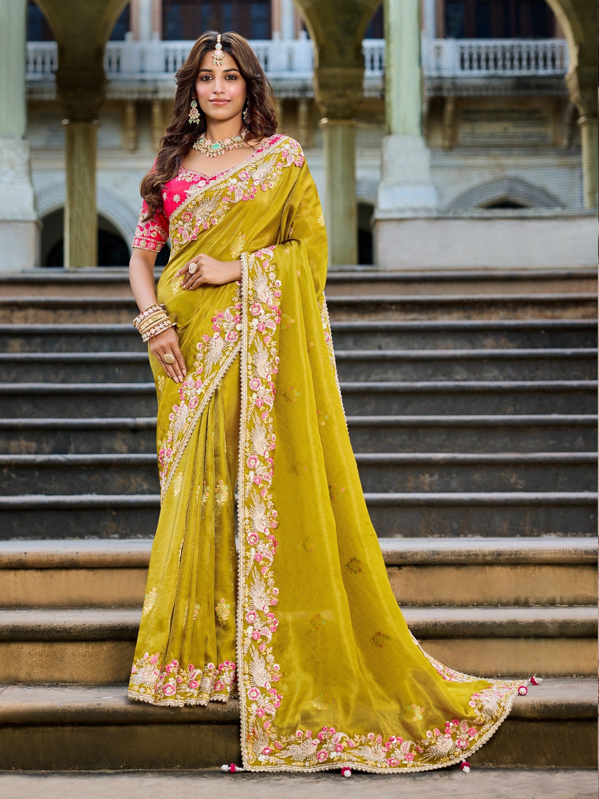 Mustard Yellow Saree with Floral Embroidery | Elegant Wedding & Party Wear - Krishree