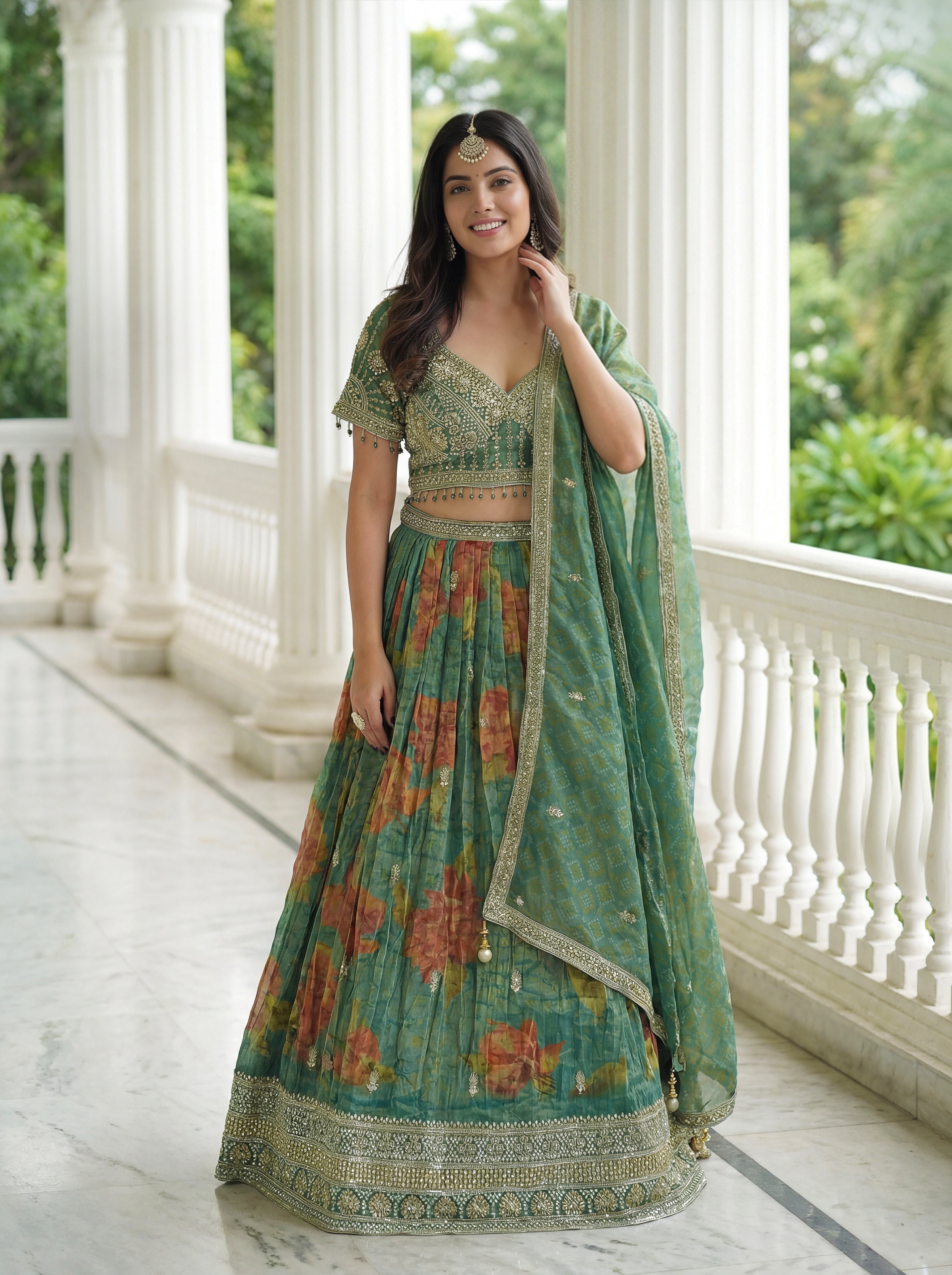 green floral wedding lehenga