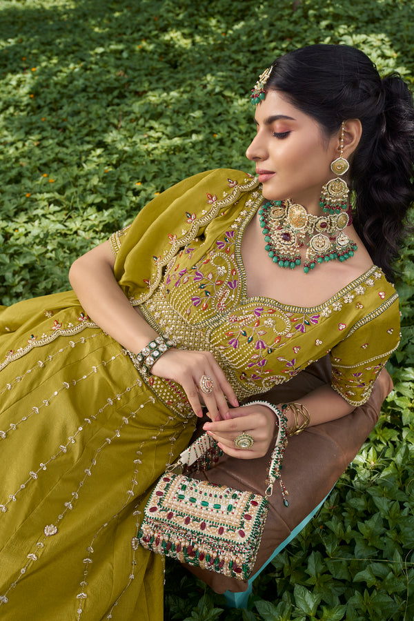 Mustard Green Tissue Lehenga Set  for Festive wear - Krishree