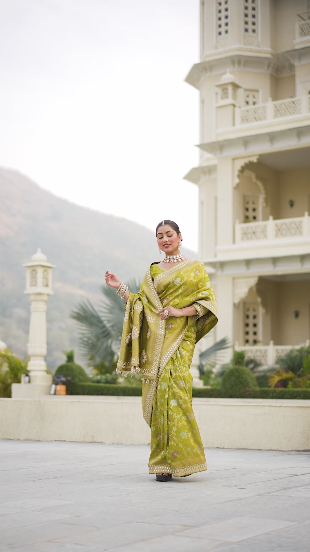 Olive Green Viscose Zarkan Work Saree