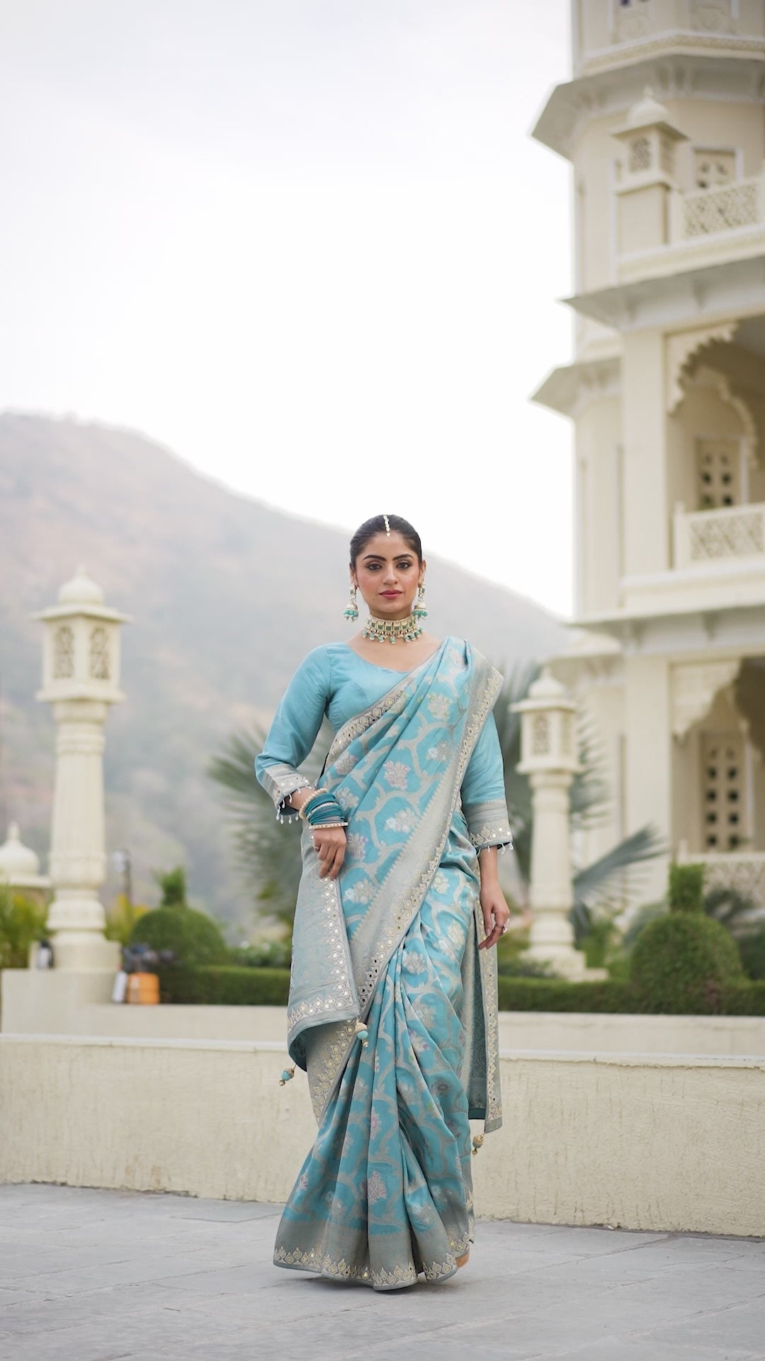 Elegant Sky Blue  Zarkan Work Saree